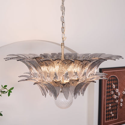 Transparent Glass Palmette Chandelier with Adjustable Height & LED Com