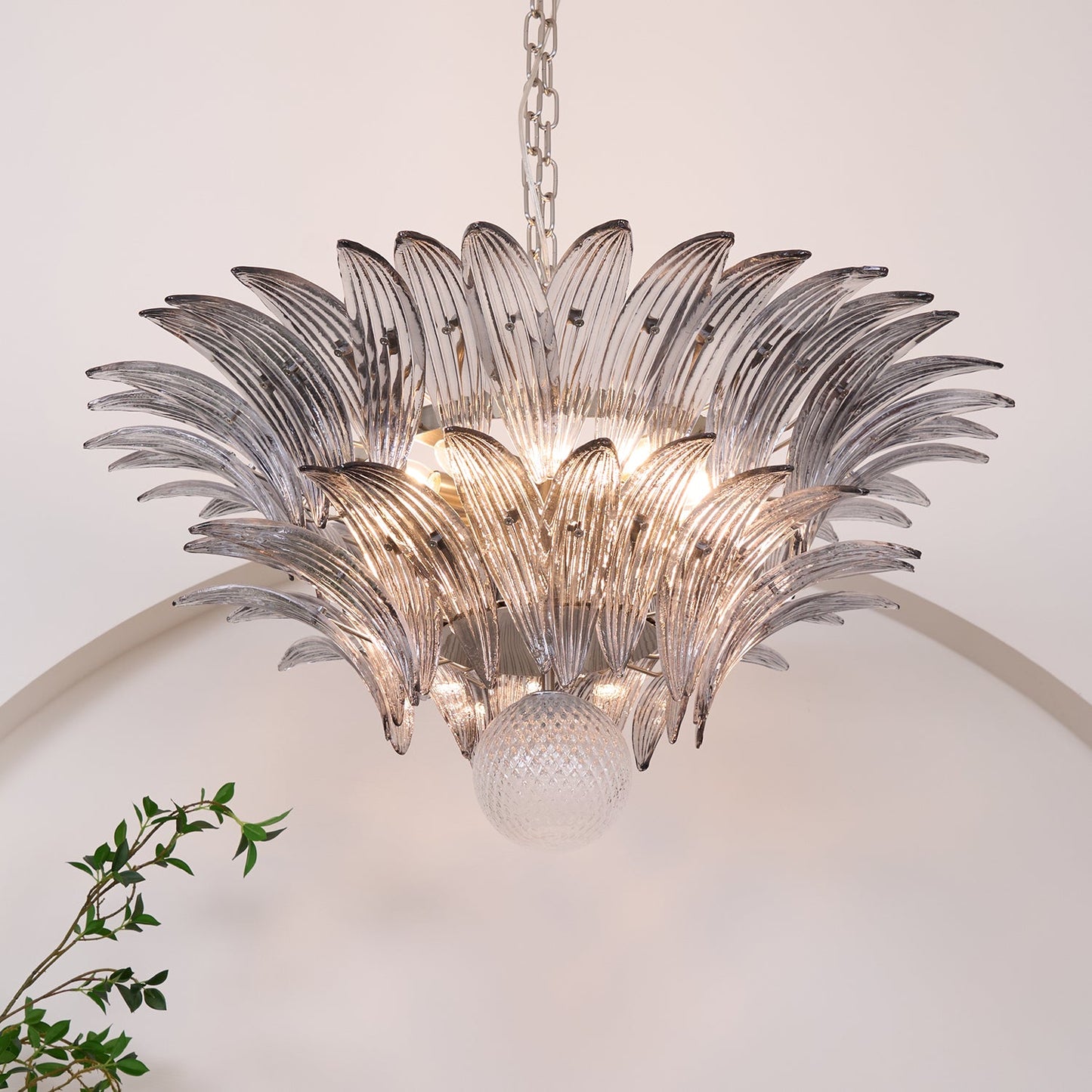 Transparent Glass Palmette Chandelier with Adjustable Height & LED Com