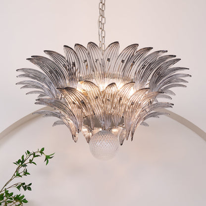 Transparent Glass Palmette Chandelier with Adjustable Height & LED Com