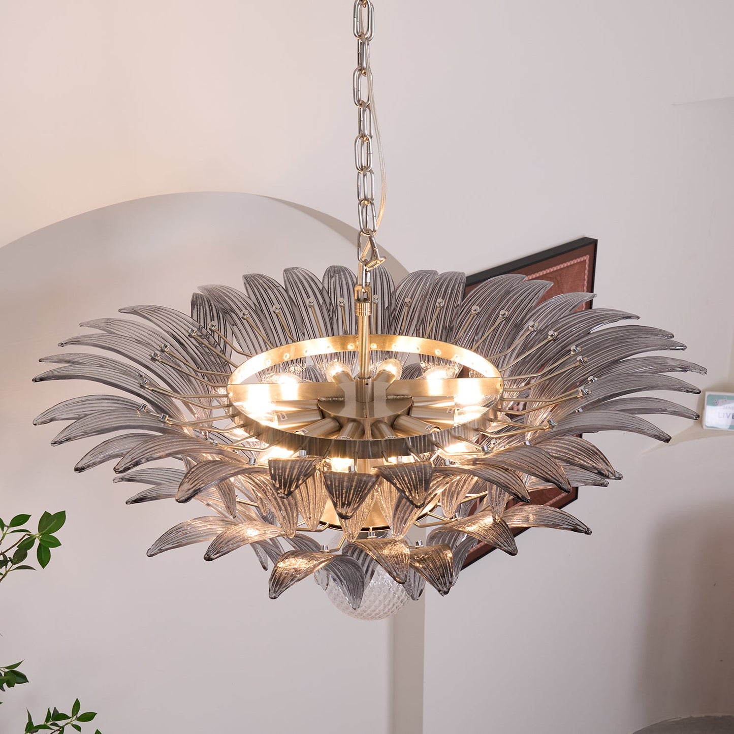 Transparent Glass Palmette Chandelier with Adjustable Height & LED Com