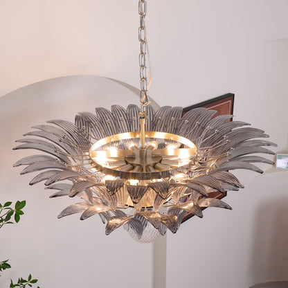 Transparent Glass Palmette Chandelier with Adjustable Height & LED Com