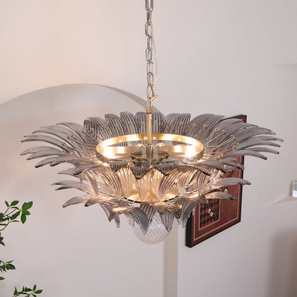 Transparent Glass Palmette Chandelier with Adjustable Height & LED Com