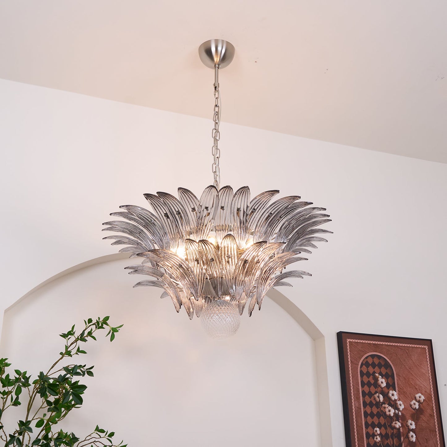 Transparent Glass Palmette Chandelier with Adjustable Height & LED Com