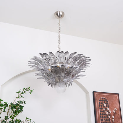 Transparent Glass Palmette Chandelier with Adjustable Height & LED Com