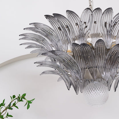 Transparent Glass Palmette Chandelier with Adjustable Height & LED Com