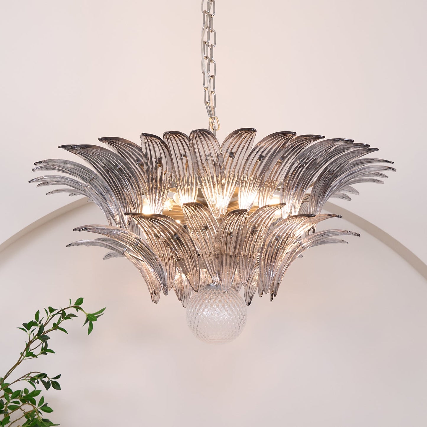 Transparent Glass Palmette Chandelier with Adjustable Height & LED Com