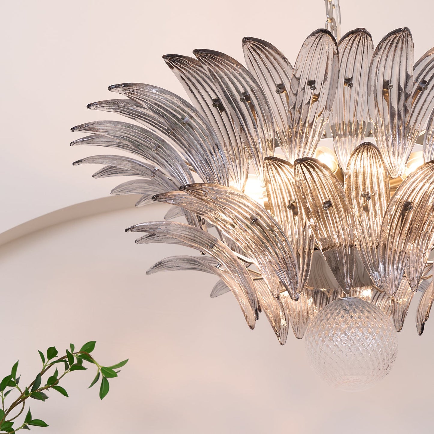 Transparent Glass Palmette Chandelier with Adjustable Height & LED Com