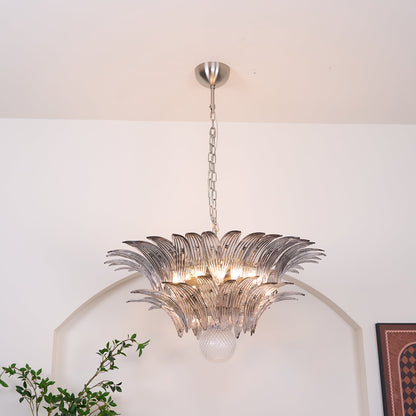 Transparent Glass Palmette Chandelier with Adjustable Height & LED Com
