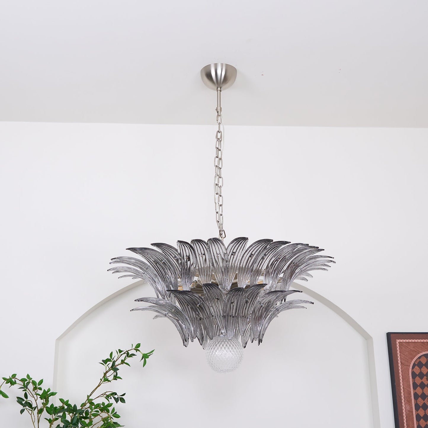 Transparent Glass Palmette Chandelier with Adjustable Height & LED Com
