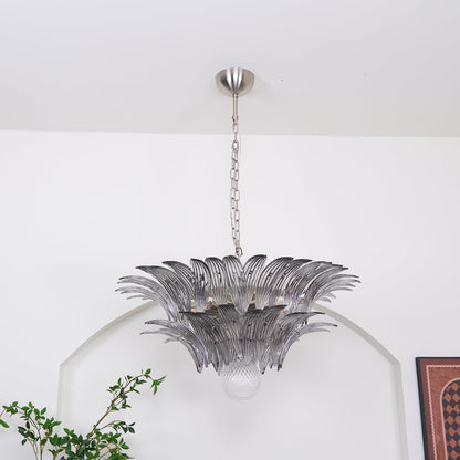 Transparent Glass Palmette Chandelier with Adjustable Height & LED Com