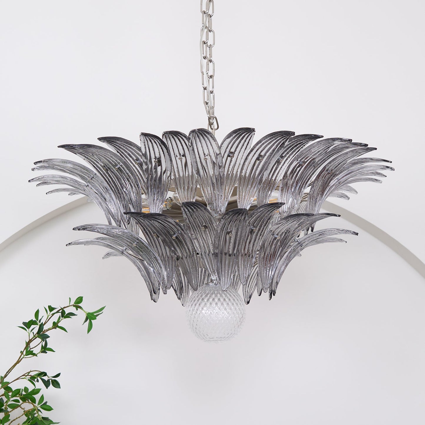 Transparent Glass Palmette Chandelier with Adjustable Height & LED Com