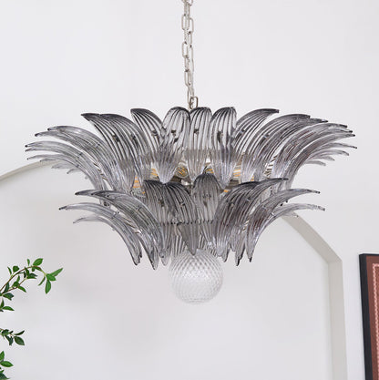 Transparent Glass Palmette Chandelier with Adjustable Height & LED Com