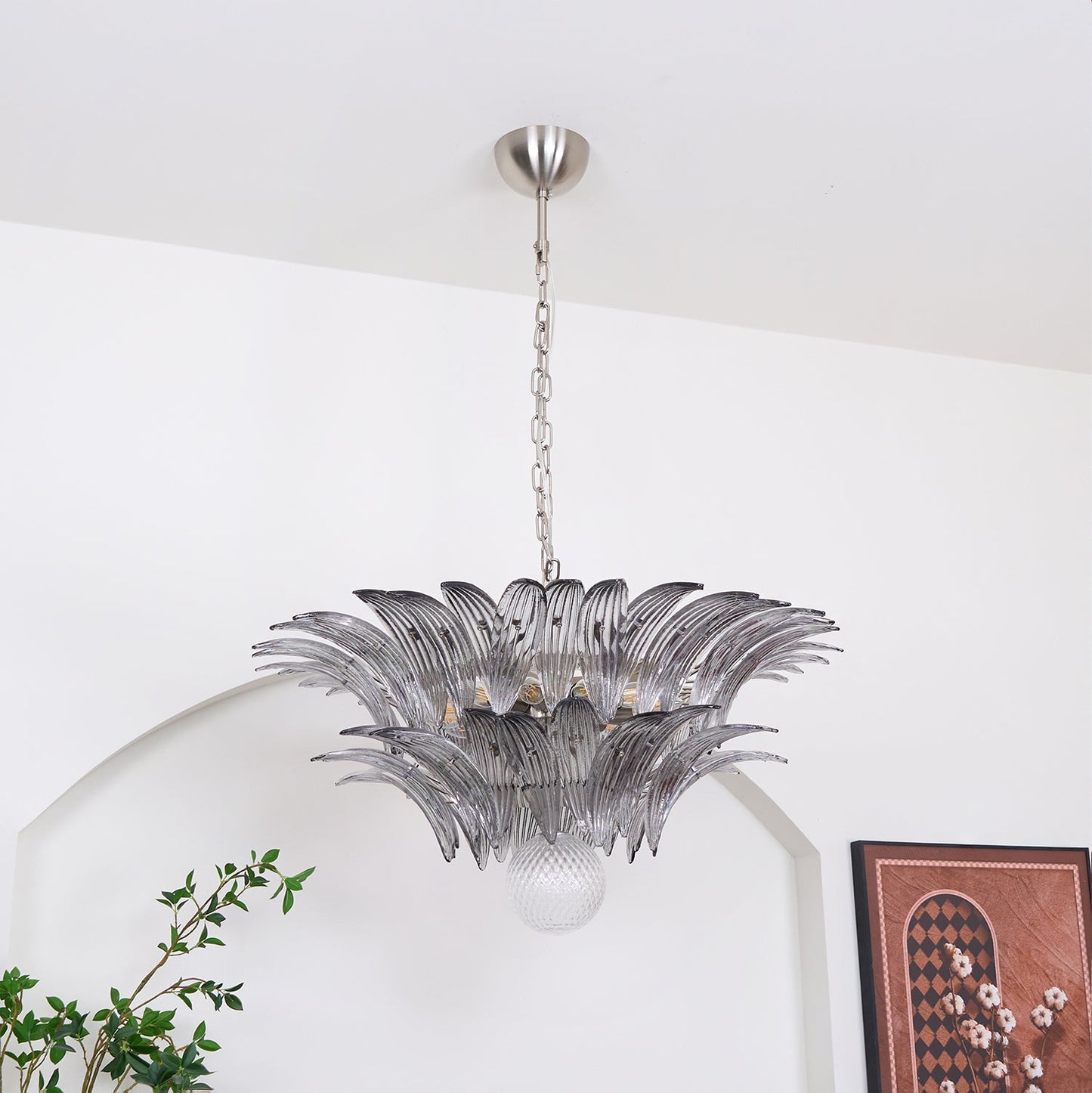 Transparent Glass Palmette Chandelier with Adjustable Height & LED Com