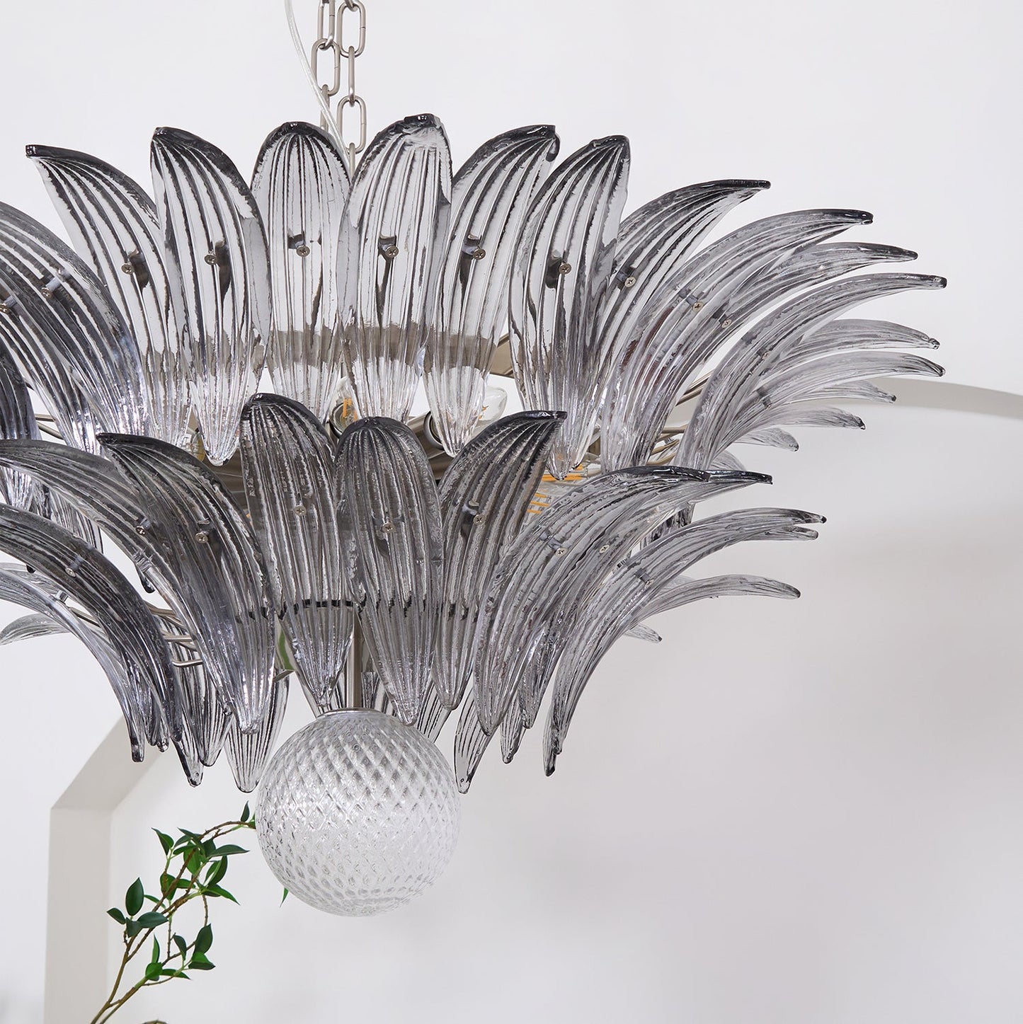 Transparent Glass Palmette Chandelier with Adjustable Height & LED Com