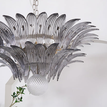 Transparent Glass Palmette Chandelier with Adjustable Height & LED Com