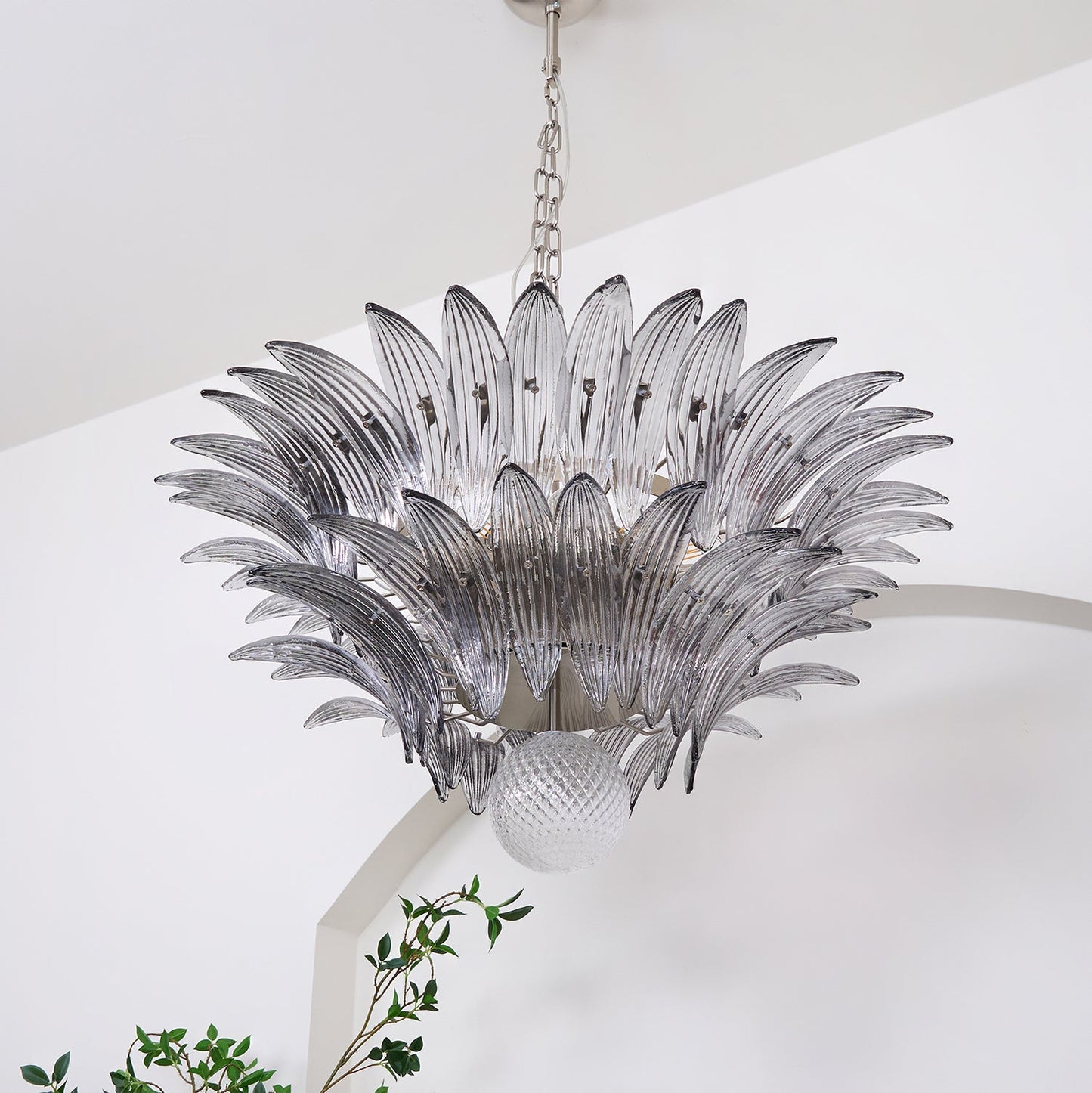 Transparent Glass Palmette Chandelier with Adjustable Height & LED Com