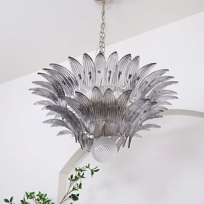 Transparent Glass Palmette Chandelier with Adjustable Height & LED Com