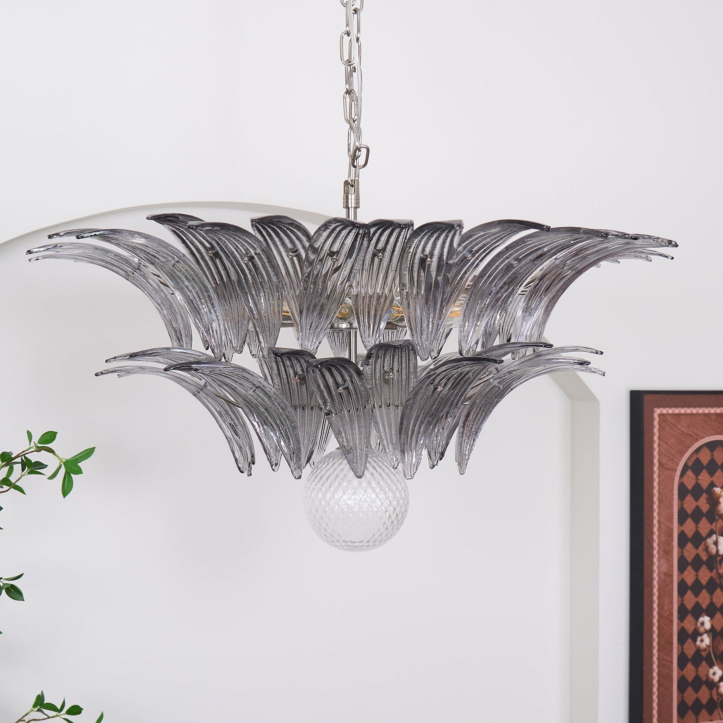 Transparent Glass Palmette Chandelier with Adjustable Height & LED Com