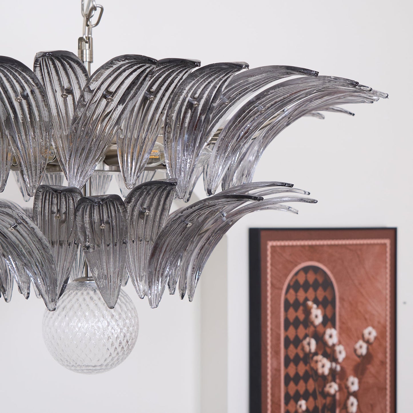 Transparent Glass Palmette Chandelier with Adjustable Height & LED Com