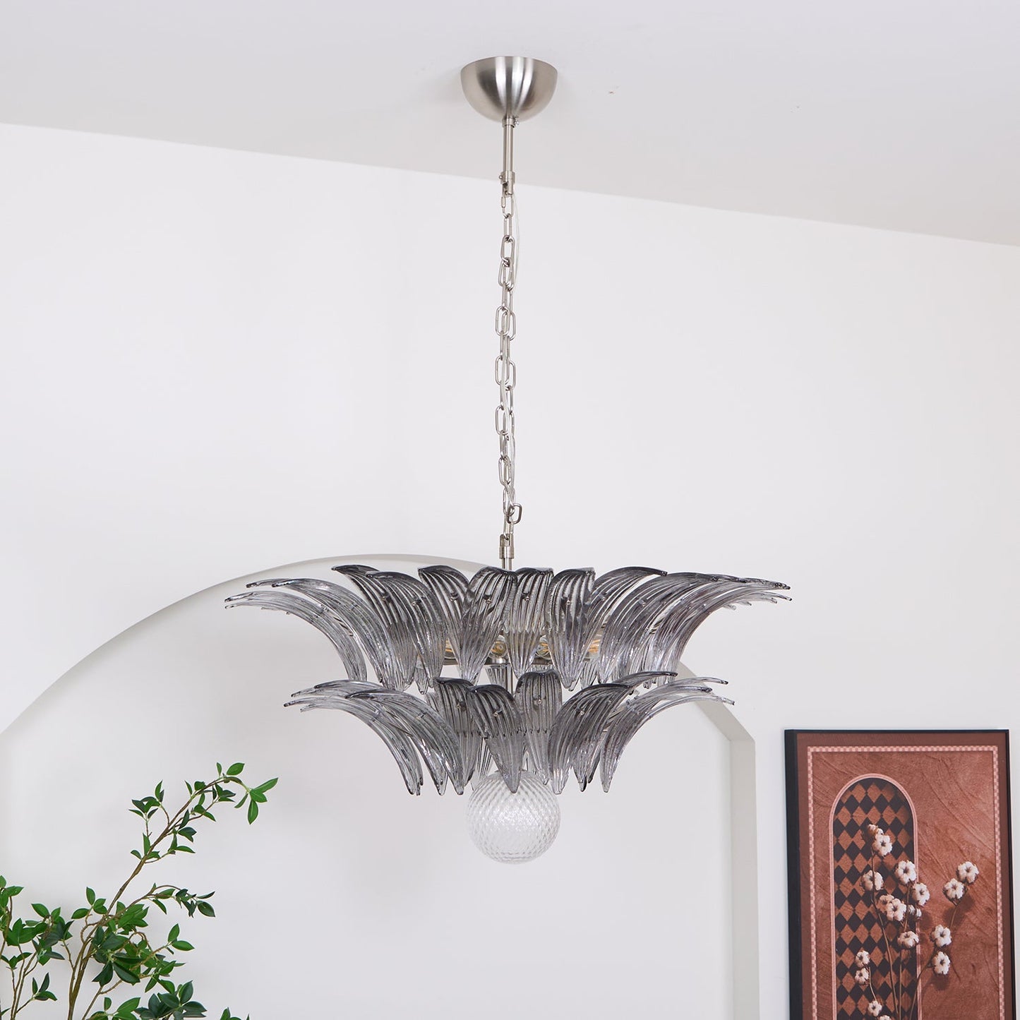 Transparent Glass Palmette Chandelier with Adjustable Height & LED Com