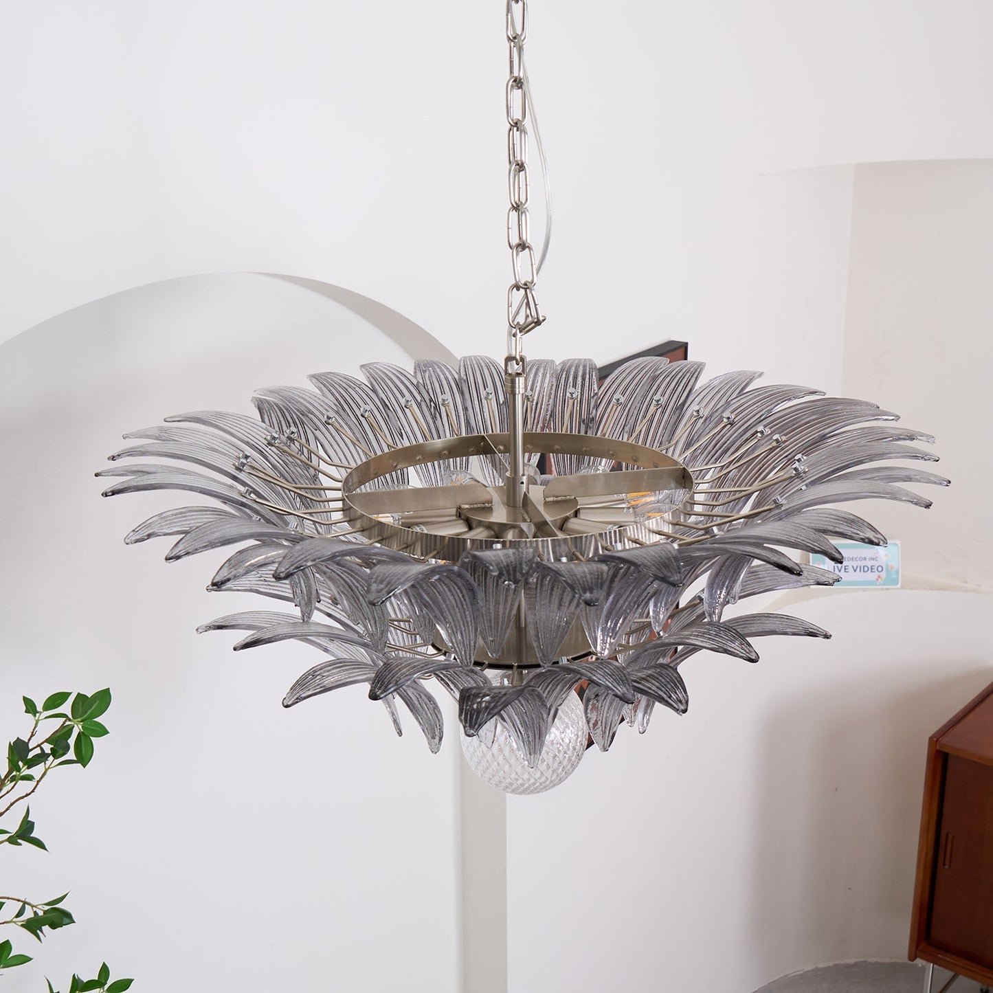 Transparent Glass Palmette Chandelier with Adjustable Height & LED Com