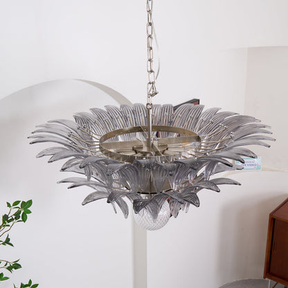 Transparent Glass Palmette Chandelier with Adjustable Height & LED Com