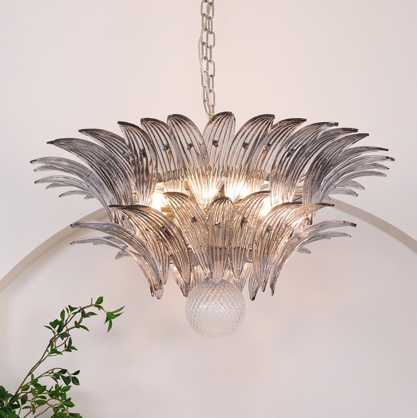 Transparent Glass Palmette Chandelier with Adjustable Height & LED Com