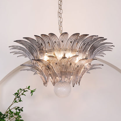 Transparent Glass Palmette Chandelier with Adjustable Height & LED Com