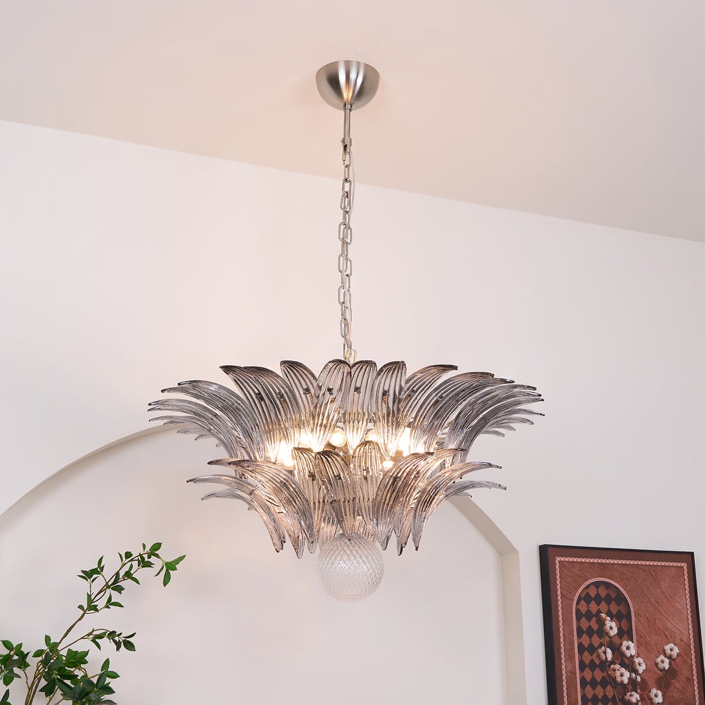 Transparent Glass Palmette Chandelier with Adjustable Height & LED Com