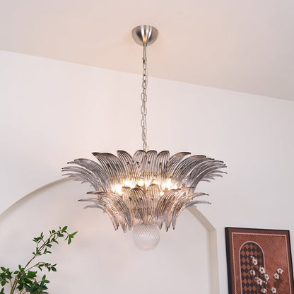 Transparent Glass Palmette Chandelier with Adjustable Height & LED Com