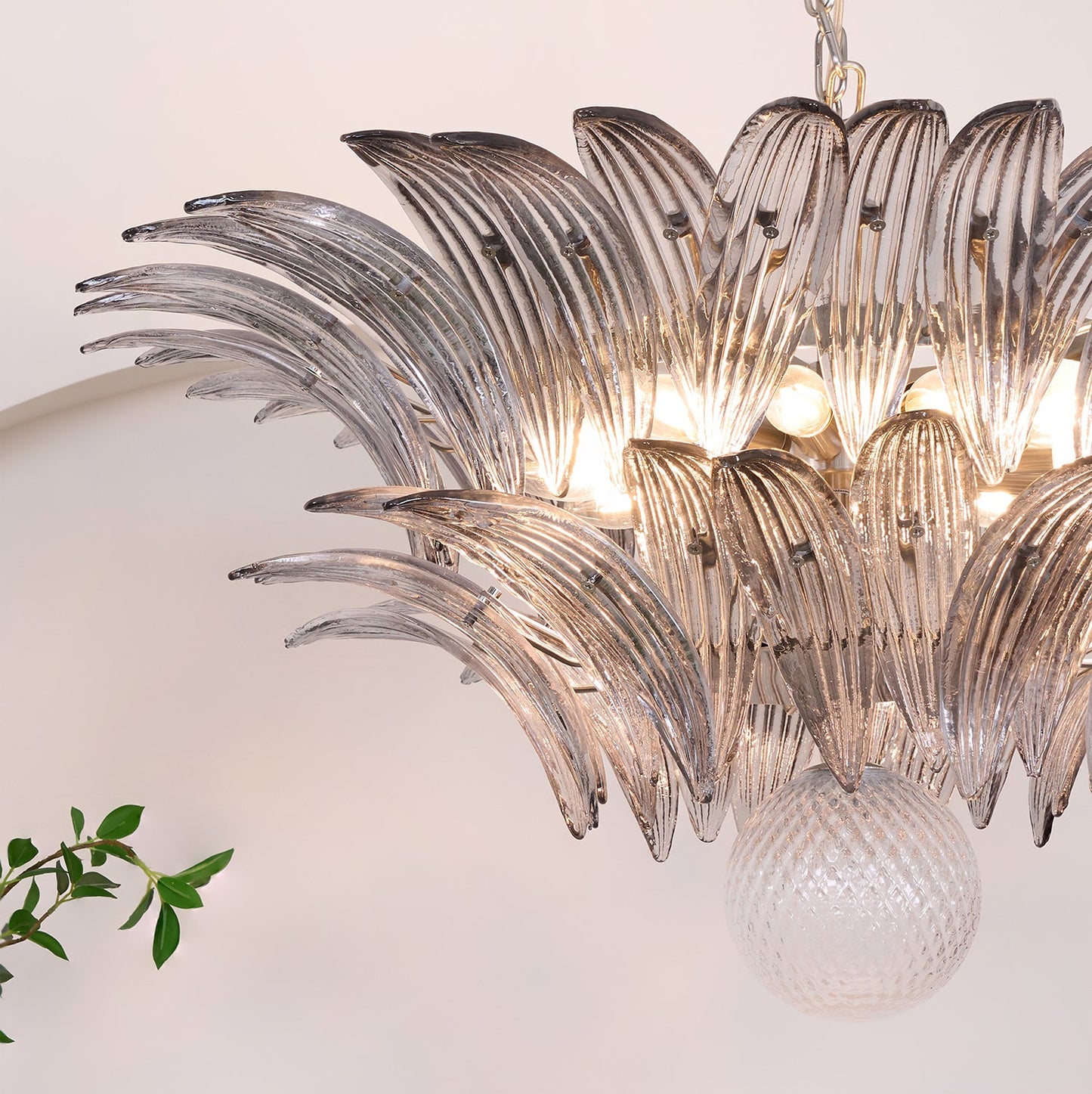 Transparent Glass Palmette Chandelier with Adjustable Height & LED Com