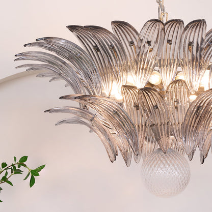 Transparent Glass Palmette Chandelier with Adjustable Height & LED Com