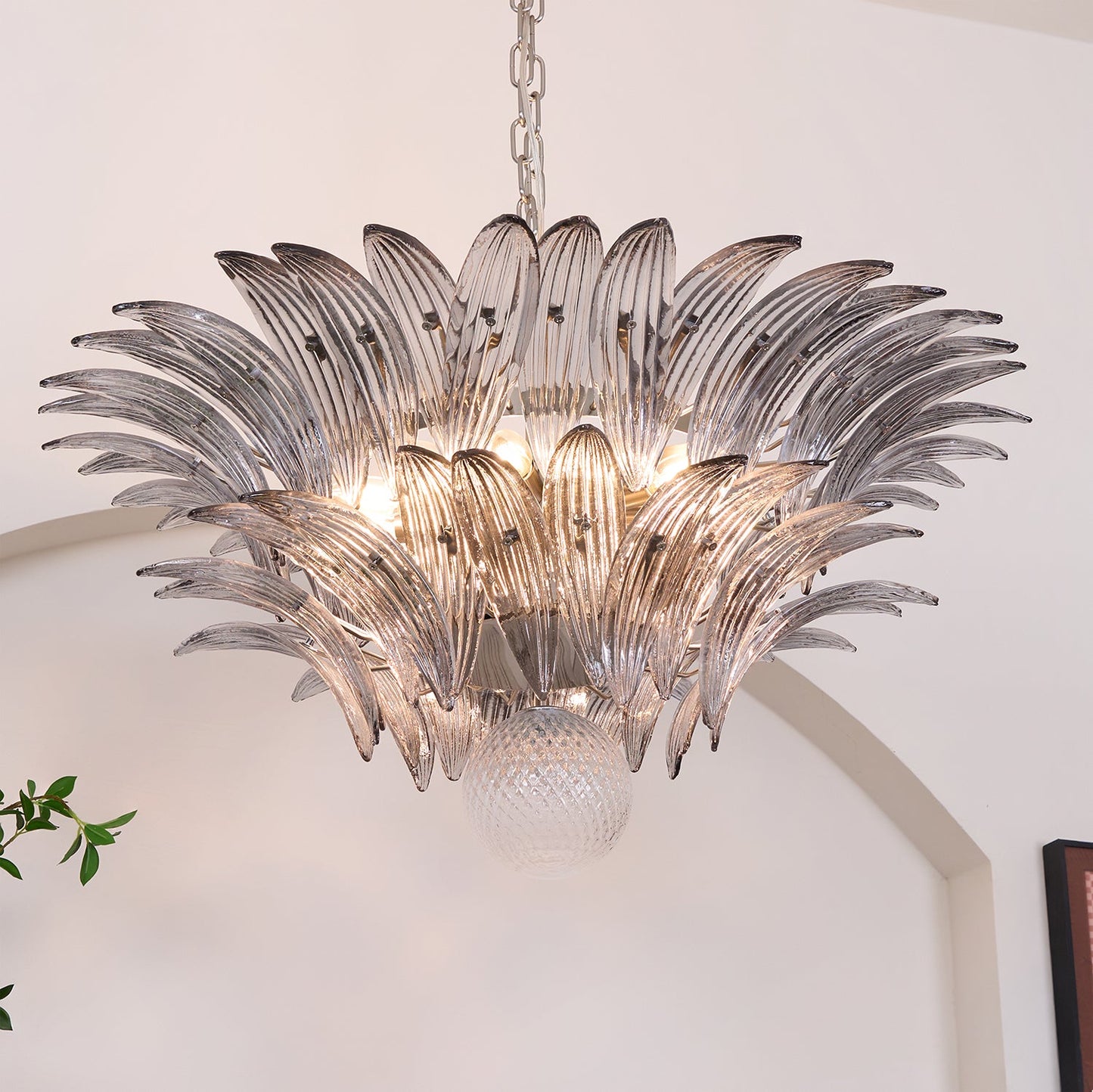 Transparent Glass Palmette Chandelier with Adjustable Height & LED Com