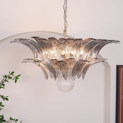 Transparent Glass Palmette Chandelier with Adjustable Height & LED Com
