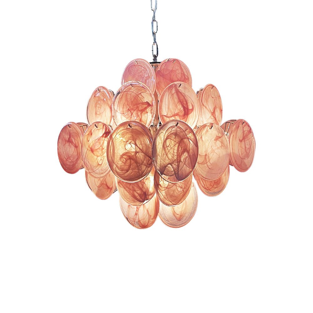 Elegant Pink Glass Disc Chandelier with Adjustable Height & LED Bulbs