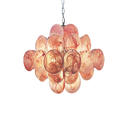 Elegant Pink Glass Disc Chandelier with Adjustable Height & LED Bulbs