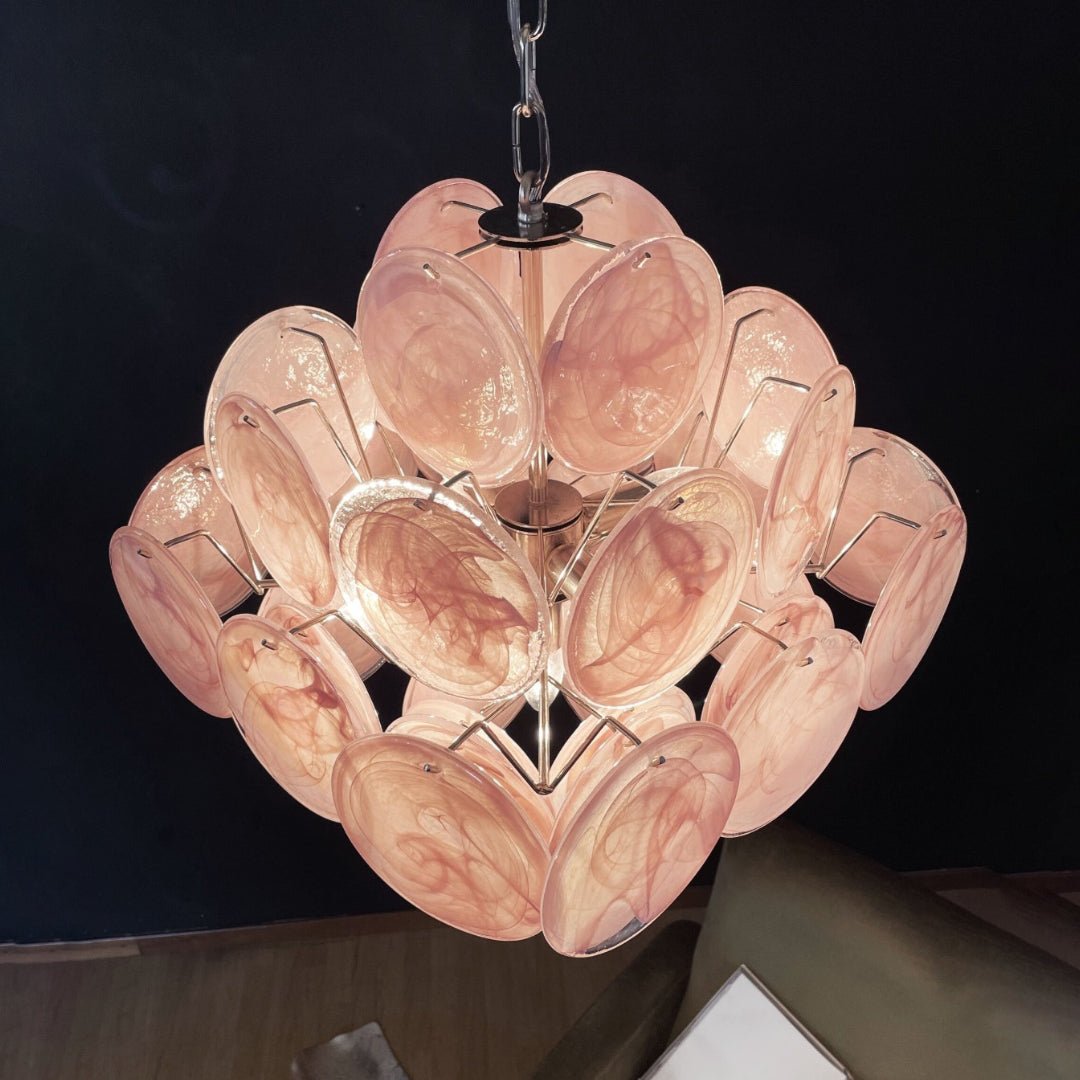 Elegant Pink Glass Disc Chandelier with Adjustable Height & LED Bulbs