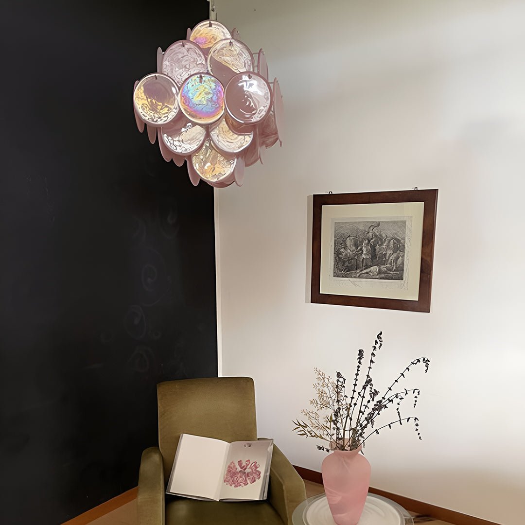 Elegant Pink Glass Disc Chandelier with Adjustable Height & LED Bulbs