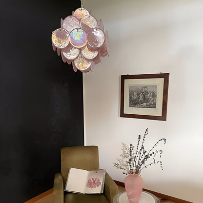 Elegant Pink Glass Disc Chandelier with Adjustable Height & LED Bulbs