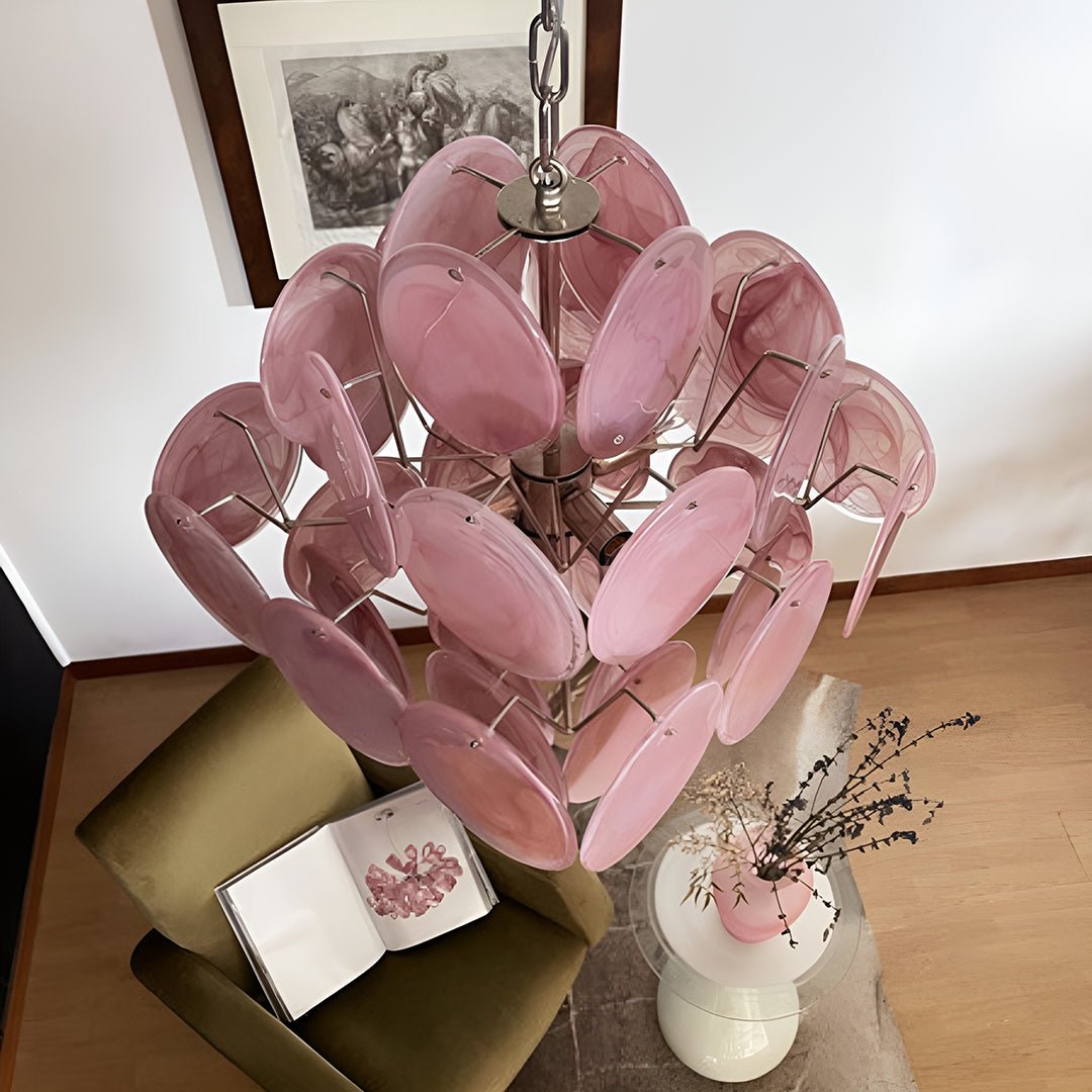 Elegant Pink Glass Disc Chandelier with Adjustable Height & LED Bulbs