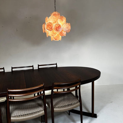 Elegant Pink Glass Disc Chandelier with Adjustable Height & LED Bulbs