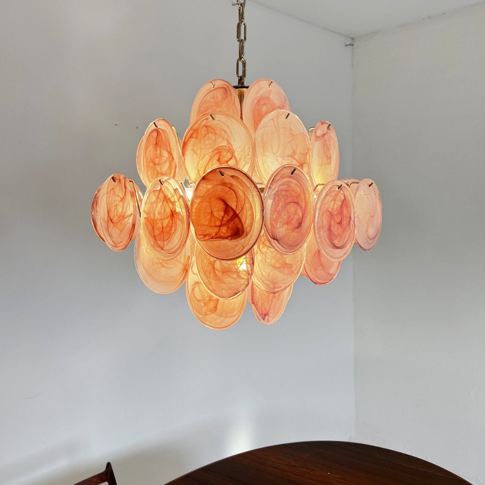 Elegant Pink Glass Disc Chandelier with Adjustable Height & LED Bulbs