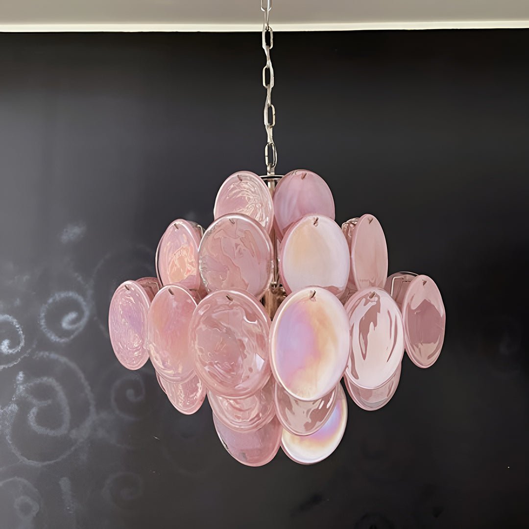 Elegant Pink Glass Disc Chandelier with Adjustable Height & LED Bulbs