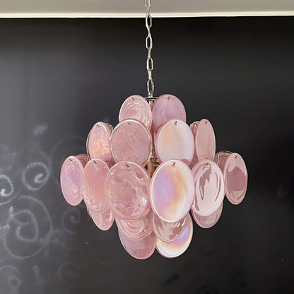 Elegant Pink Glass Disc Chandelier with Adjustable Height & LED Bulbs