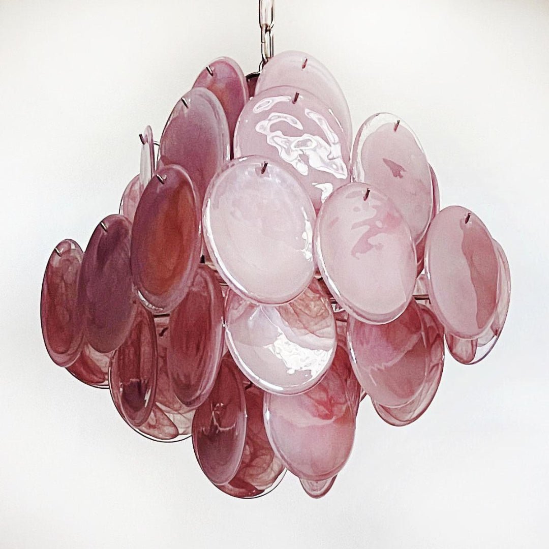 Elegant Pink Glass Disc Chandelier with Adjustable Height & LED Bulbs