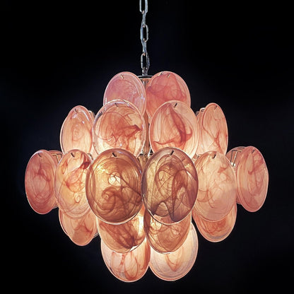Elegant Pink Glass Disc Chandelier with Adjustable Height & LED Bulbs