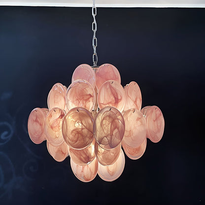 Elegant Pink Glass Disc Chandelier with Adjustable Height & LED Bulbs