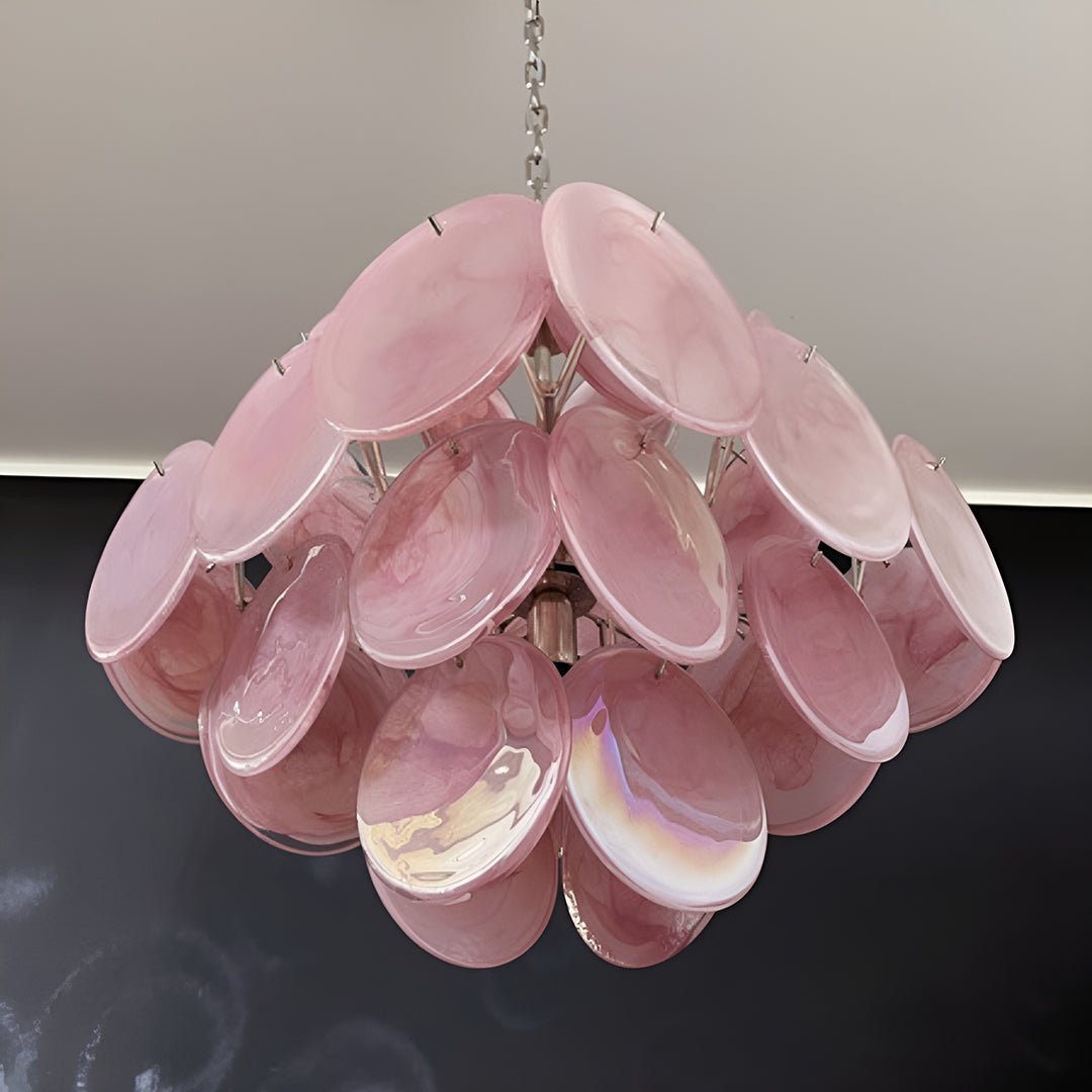 Elegant Pink Glass Disc Chandelier with Adjustable Height & LED Bulbs