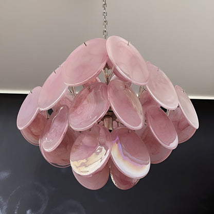 Elegant Pink Glass Disc Chandelier with Adjustable Height & LED Bulbs