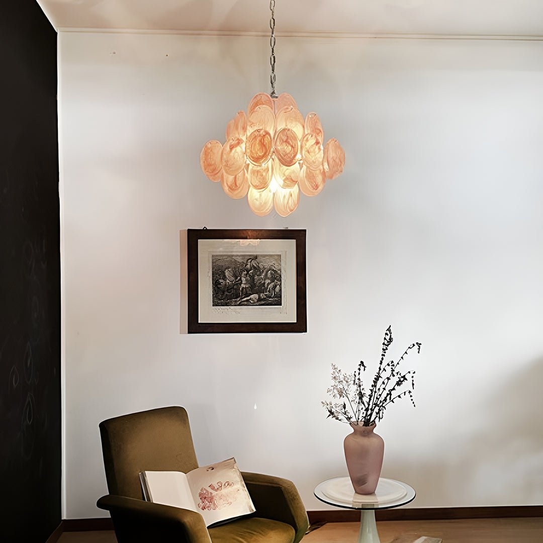 Elegant Pink Glass Disc Chandelier with Adjustable Height & LED Bulbs